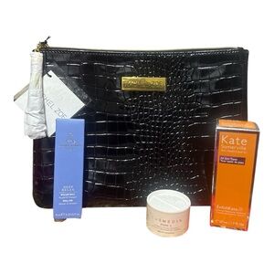 Rachel Zoe Black Crocodile Embossed Clutch with three face products